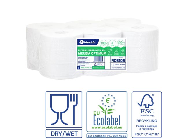 Ręczniki papierowe w roli MERIDA OPTIMUM MAXI, białe, średnica 19,5 cm, długość 150 m, dwuwarstwowe, zgrzewka 6 rolek, ECOLABEL